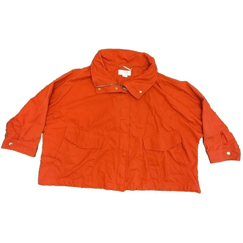 Michael Kors Womens Cropped Canvas Jacket 3X Bright Orange Zip Front Cotton